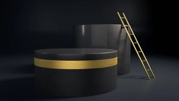 3d render of black and golden geometric figures and golden stepladder in dark interior. Abstract minimalist illustration. Podium, stage or pedestal for placing your product or object — Stock Photo, Image