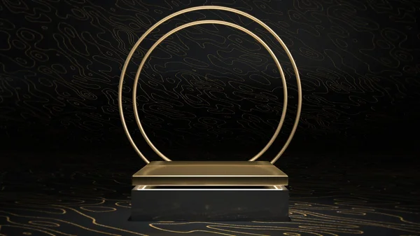 3d render of golden square stage, podium or pedestal with golden ring in black sparkling interior. Abstract minimalist illustration. Podium, stage or pedestal for placing your product or object