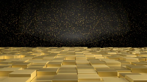 3D рендеринг интерьера с золотыми кубиками на полу и черной стеной с золотыми блестками. Идеальная иллюстрация для размещения текста или объекта. Фон с копирайтом в минималистичном стиле — стоковое фото