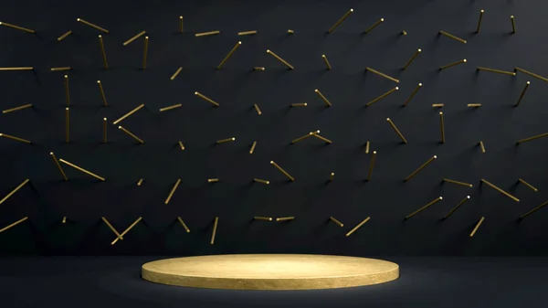 3D-återgivning av gyllene runda scen, piedestal eller podium i svart studio med gyllene spikar. Perfekt illustration för att placera din produkt av objekt på pallen. Abstrakt minimalistisk bakgrund eller mockup — Stockfoto