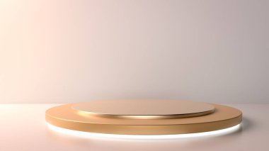Güzel bir altın sahne, çıplak renkli kağıt stüdyosunda kaide ya da podyum. Kozmetik ya da moda için mükemmel bir geçmiş ya da model. Nesnenizi ya da ürününüzü kaideye yerleştirin. Nesnenizi ya da ürününüzü kaideye yerleştirin. 3d illüstrasyon