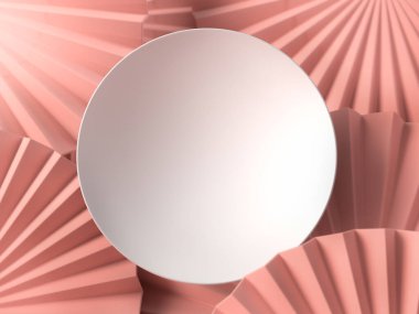 Beyaz boş yuvarlak tabak, pankart ya da pembe ve çıplak pastel kağıt vantilatörler. Kozmetik ya da moda için arka plan ya da maket. Ürün kimliği, markalaşma ve sunum için kullan. Metninizi kopyalama alanına yerleştirin. 3d illüstrasyon