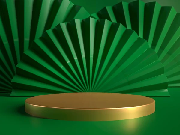 Palco Redondo Dourado Pedestal Pódio Estúdio Com Ventiladores Decorativos Verdes — Fotografia de Stock