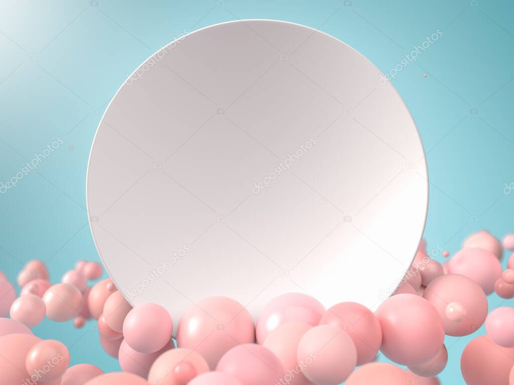 3d rendering of white blank round sign or plate surrounded with pink soft balls. Perfect background or mockup for placing your text or object. Copyspace