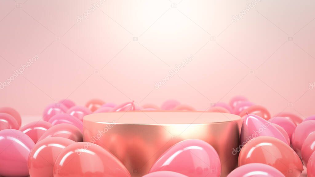 Golden round stage, podium or pedestal in pink studio filled with pink party air balloons. Perfect background or mockup for celebrations, party, greetings and invitations. 3d illustration. Place your object or product on podium.