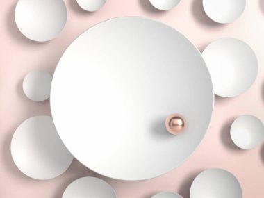 Beyaz plaka üzerindeki altın incinin soyut görüntüsü ya da pembe arkaplan üzerindeki disk. Kozmetik ya da moda için arka plan ya da maket. Ürün kimliği, markalaşma ve sunum için kullan. Nesnenizi ya da ürününüzü kaideye yerleştirin. 3d hazırlayıcı