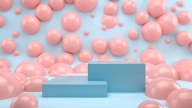 Abstract scene with blue podium, pedestal or stage over blue background and pink bubbles. Perfect image for placing your text or design. Use for cosmetics, food, beverage, entertainment and fashion. 3d illustration. clipart
