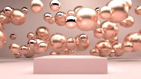 Imagem Abstrata Bolas Douradas Esferas Voando Sobre Palco Quadrado Rosa — Fotografia de Stock