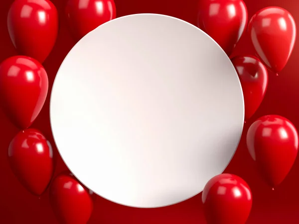 白色的圆形圆盘或框架 红色气球盖在红色的后座上 问候和邀请的完美背景或模仿 3D例证 把你的文本放在复制空间 — 图库照片