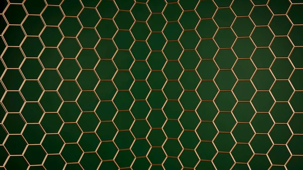 Golden Honeycomb Grid Blue Backgorund Copper Hexagonal Pattern Green Backdrop — Stock Photo, Image