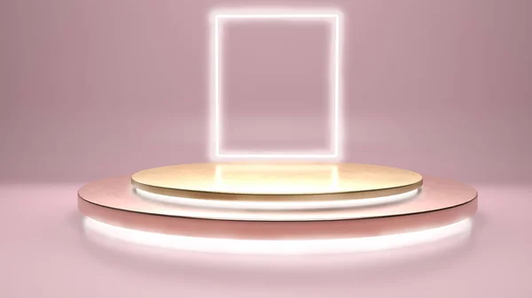 Cena Abstrata Com Portal Luz Palco Dourado Pódio Pedestal Estúdio — Fotografia de Stock