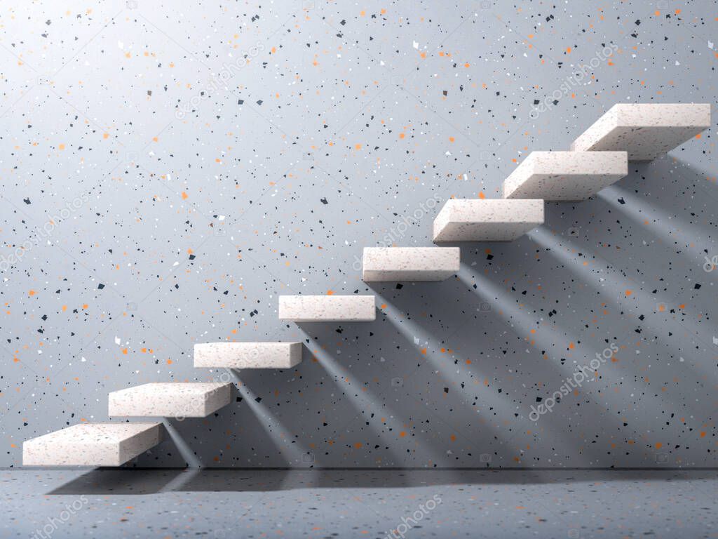 White stone stairs on gray terazzo wall in modern interior. Business growth, progress and achievement creative concept. Minimalist 3d illustration