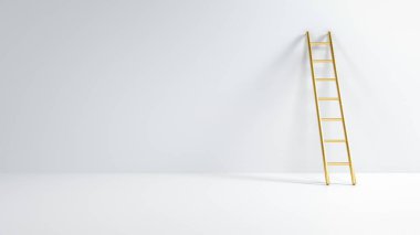 Boş odadaki beyaz duvara dayanan altın merdiven. İlham, liderlik ve iş başarısına giden merdiven kavramı. 3 Boyutlu Hazırlama