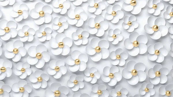 Abstraktní Scéna Bílými Zlatými Květy Bílém Pozadí Krásné Dekorativní Pozadí — Stock fotografie