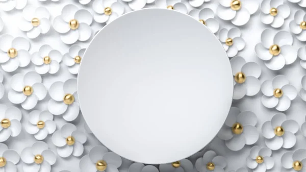 白色的圆形标志或盘子盖在漂亮的白金相间的纸花上 设置文本或对象的完美背景或模型 复制空间 3D说明 — 图库照片