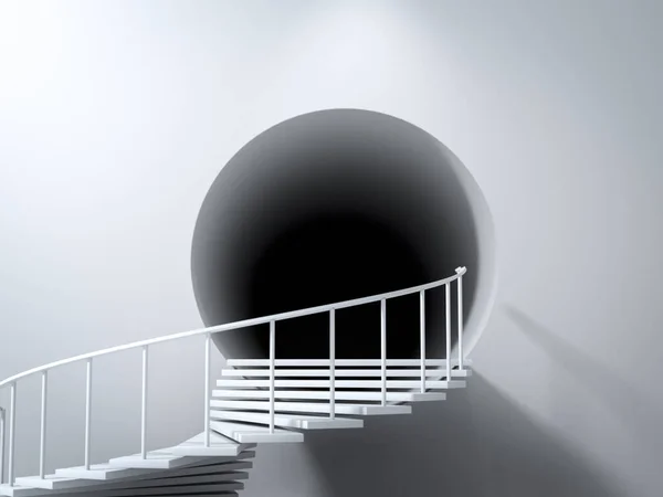 Abstract Scene White Spiral Staircase Leading Black Hole Tunnel Wall — Stock Photo, Image