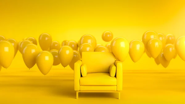 Ilustração Sofá Rosa Poltrona Estúdio Amarelo Com Balões Voadores Conceito — Fotografia de Stock
