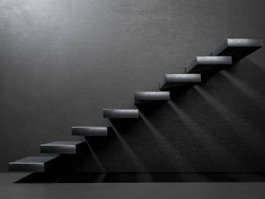 Black stairs on wall in dark interior. Business growth, progress and achievement creative concept. Minimalist 3D render clipart