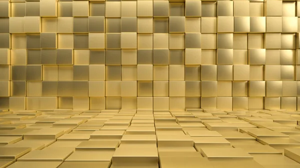 3d renderização de interior feito de cubos dourados brilhantes ou telhas. Ilustração perfeita para colocar seu texto ou objeto. Fundo com copyspace em estilo minimalista. Fundo de luxo — Fotografia de Stock