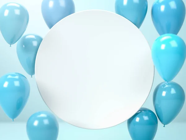 3d render of white round blank plate or board and flying blue air balloons. Perfect abstract illustration for placing your text or advertisement. Copy space. Frame for your text — Stock Photo, Image