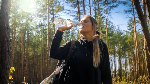 Cloesup portrait of beautiful hiking woman drinking water while travelling in pine forest — Stock Photo, Image
