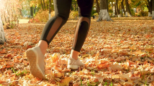 Imagem de close-up de pés femininos correndo em folhas de árvores amarelas caídas no parque de outono — Fotografia de Stock