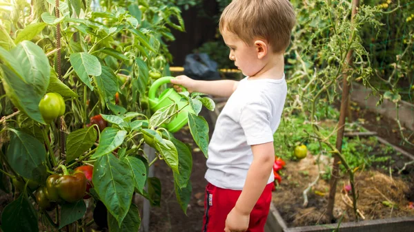 Anak manis dengan air dapat membantu orang tua bekerja di kebun — Stok Foto