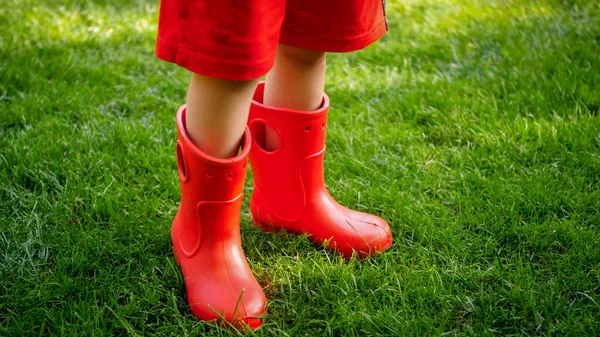 Zbliżenie obraz mały chłopiec w czerwony guma studnia buty stojąc na zielony trawnik — Zdjęcie stockowe