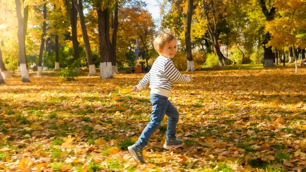 Sonbahar parkında altın yapraklarla kaplı koşan mutlu çocuk. — Stok fotoğraf