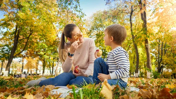 美丽的微笑的女人在秋天的公园里向她的小儿子玩耍和微笑 — 图库照片