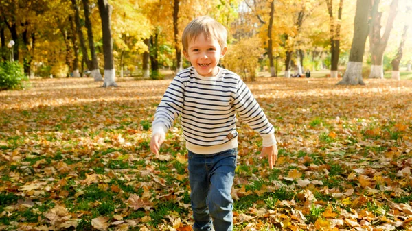 Retrato de niño sonriente alegre corriendo en el bosque o parque de otoño —  Fotos de Stock