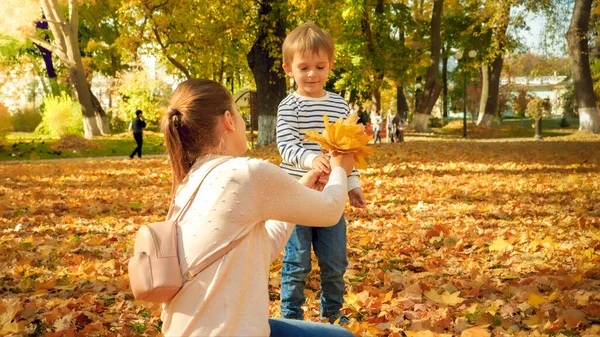 Schattig jongetje geven mooi boeket gemaakt van herfst bladeren naar zijn moeder in park — Stockfoto