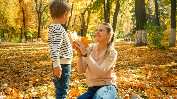 Хапый улыбающийся мальчик дарит своей матери красивые желтые и красные листья в осеннем парке — стоковое фото