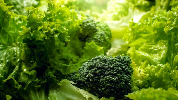 Yakın plan brokoli ve marul yapraklarının taze salataya karıştırılmış hali. Sağlıklı gıda ve GDO içermeyen ürünler için arka plan. Diyet beslenme ve taze sebzeler. Vejetaryen ve vejetaryen geçmişi. — Stok fotoğraf