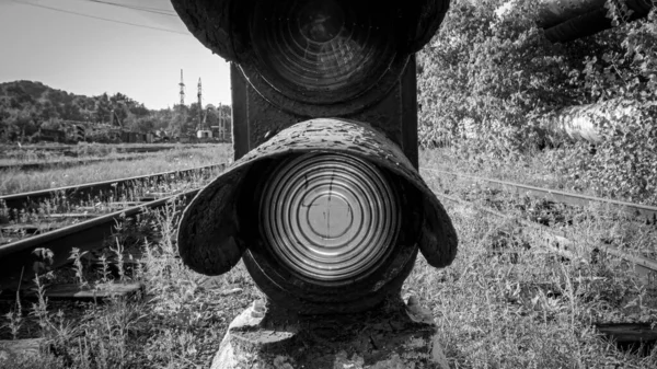 Black and white image of old semaphore on railroad — Stock Photo, Image