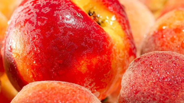 Imagen de cerca de la cáscara húmeda de melocotones rojos maduros. Fondo abstracto de frutas de temporada — Foto de Stock