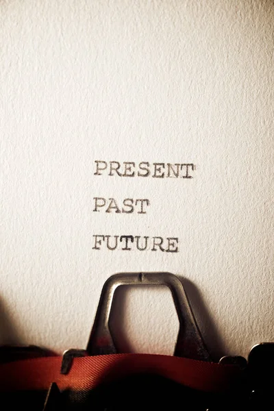 The words present, past and future, written with a typewriter.