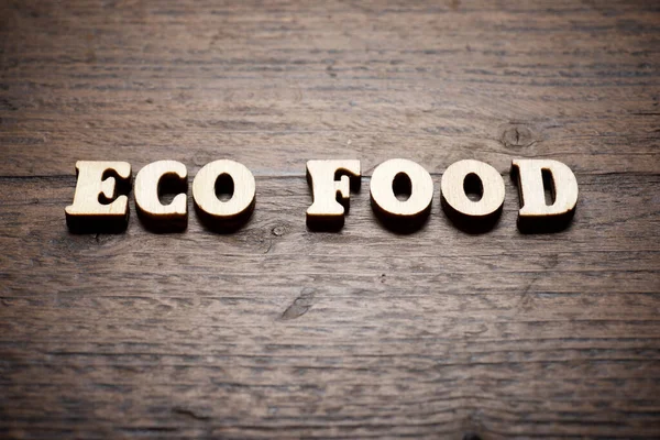 Eco Texto Alimentos Una Mesa Madera —  Fotos de Stock