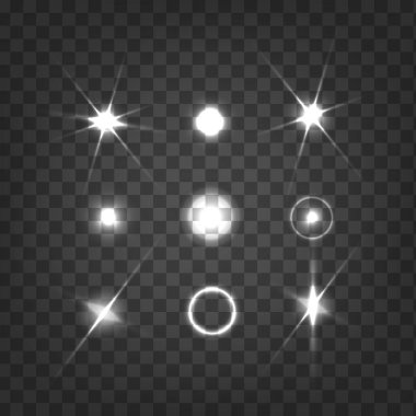 Parlak Yıldız.light efekti. Saydam arkaplanda patlar. Parlak büyü. Şeffaf, parlak güneş. Vektör ışıltısı. vektör