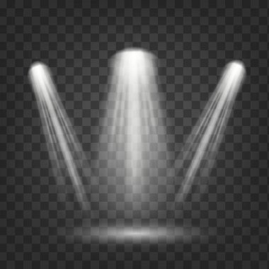 Sahne aydınlatması, şeffaf efektler. Sahne ışıkları sahnede parlıyor. Parıltı efekti. vektör