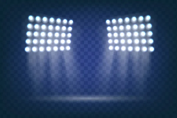 Iluminación de escena, efectos transparentes.El proyector brilla en el escenario.floodlight.flash effect.elements luz para el campo deportivo.Vector brilla sobre fondo transparente. vector — Archivo Imágenes Vectoriales