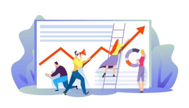 İnsanlar bir gösterge tablosu yapar ve grafiklerle etkileşir. Vektör iş illüstrasyonu, ofis çalışanları şirket büyümesini analiz eder. Çalışma istatistikleri. Düz biçim vektör illüstrasyonu.