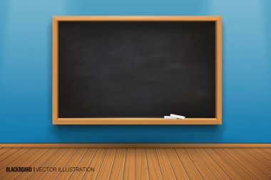 Room with a blackboard on the wall. 3D board. Realistic black board in a wooden frame. Empty room with a blue wall and wooden floor. vector clipart