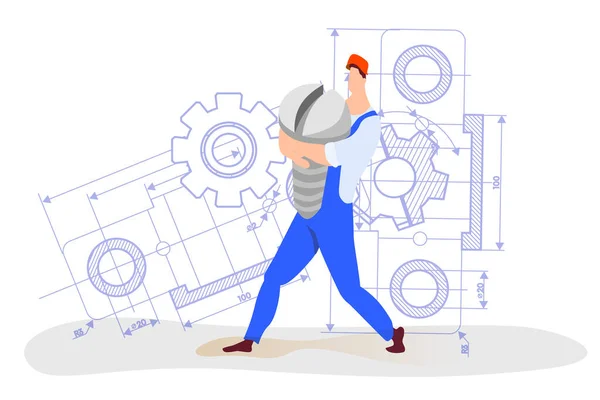 An employee of an engineering company, carries a bolt.are engaged in construction.Workers at a construction site. Drawings,schemes,mechanisms. Business concept in cartoon style.Construction worker