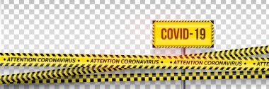 Pandemic stop. Coronavirus covid-19 2019-nCoV. Black and yellow stripes set. Warning tapes. Danger. Quarantine biohazard sign. Caution ,Warning or stop corona virus concept. Vector clipart