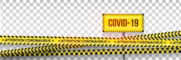 Arrêt pandémique. Coronavirus covid-19 2019-nCoV. Ensemble de rayures noires et jaunes. Des bandes d'avertissement. Danger. Signal de danger biologique en quarantaine. Attention, Avertissement ou arrêter le concept de virus corona. Vecteur — Image vectorielle