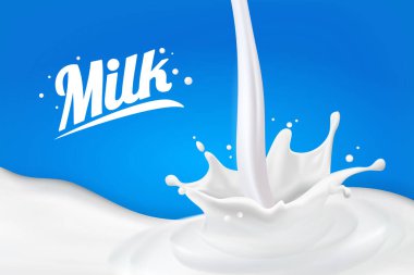 Süt sıçraması 3D soyut gerçekçi süt damlası mavi arka planda izole edilmiş. Reklam için element, paket tasarımı. vektör