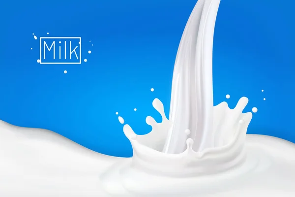 Milk Splash 3D.Abstract realistischen Milchtropfen mit Spritzern isoliert auf blauem Hintergrund. Element für Werbung, Verpackungsdesign. Vektor — Stockvektor