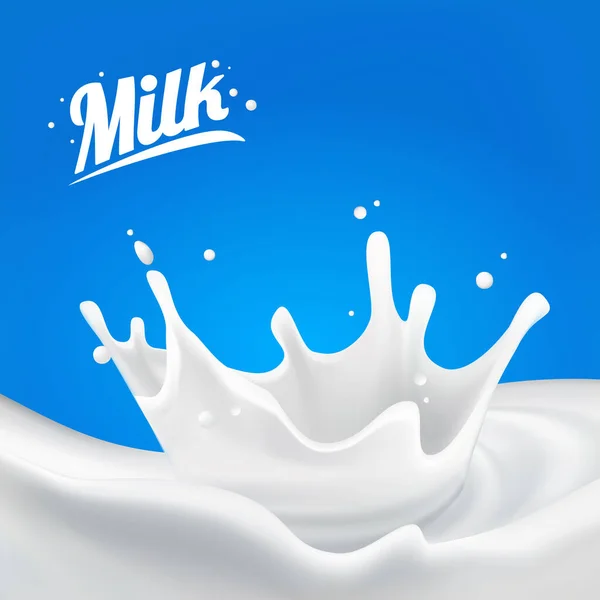 Milk Splash 3D.Abstract realistischen Milchtropfen mit Spritzern isoliert auf blauem Hintergrund. Element für Werbung, Verpackungsdesign. Vektor — Stockvektor