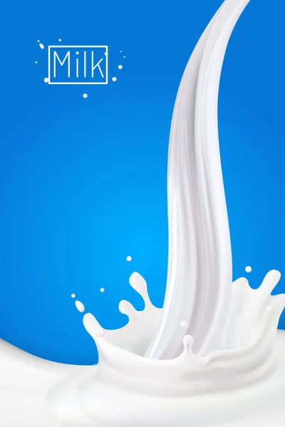 Milk splash 3D.Resumo gota de leite realista com salpicos isolados em fundo azul.element para publicidade, design de pacotes. vetor — Vetor de Stock